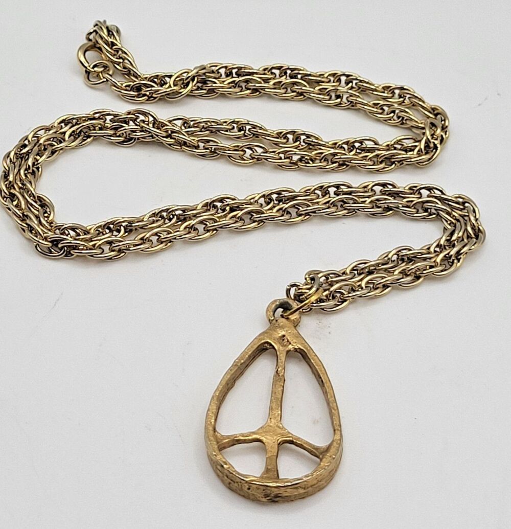 60s Teardrop Peace Sign Pendant Necklace Hippie Boho 70s Chain Counterculture 24